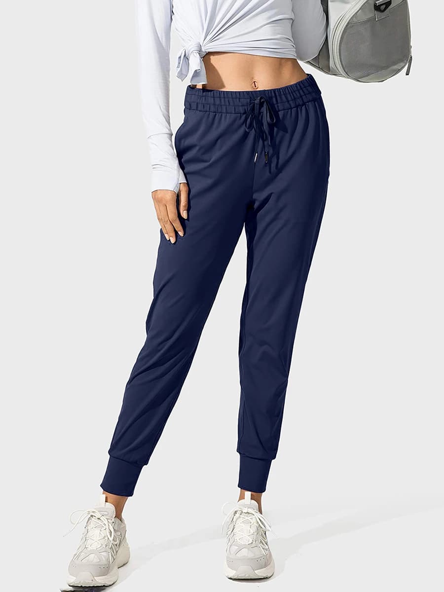 Pantalon de jogging bleu marine pour femme, confortable, taille haute, avec cordon de serrage et poc