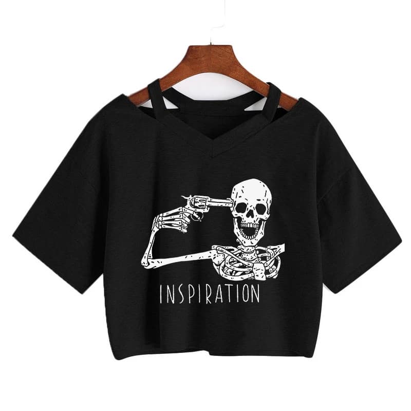 T-shirt d'inspiration crâne pour femmes, t-shirt punk crâne grunge d'été, col en V, manches courtes,
