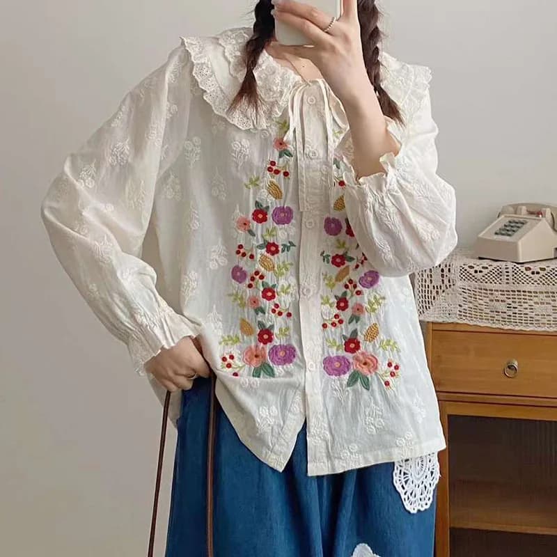 Vêtements vintage japonais col claudine fleur broderie blanc beige chemises filles chemisiers en cot