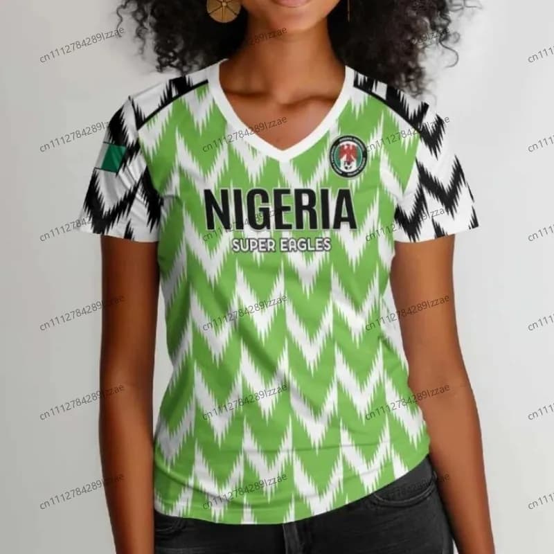 T-shirt de supporter de football inspiré du Nigéria pour femme, motif aigle vert et blanc, col en V,
