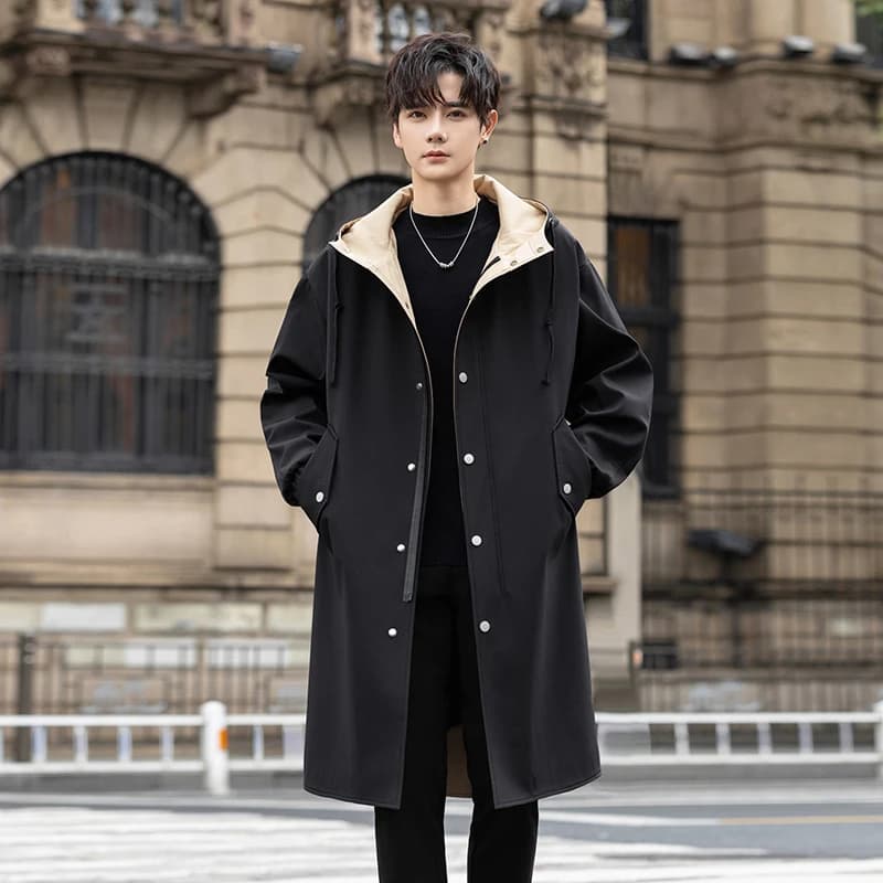 High Street Wear – manteaux coupe-vent à capuche mi-longs pour hommes, pardessus de couleur unie, ve