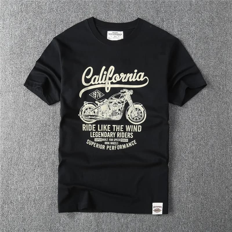 May kaki américain vintage lourd T-shirt double coton motard imprimé apprêt col rond T-shirt à manch