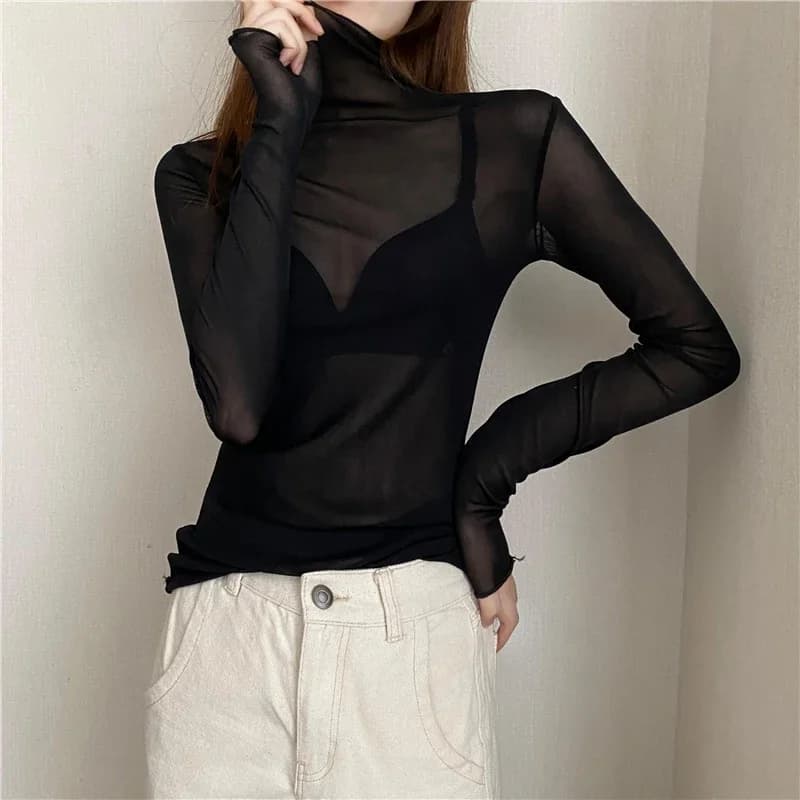 T-shirt à col roulé à manches longues transparentes pour femmes, chemises en maille pour filles, t-s