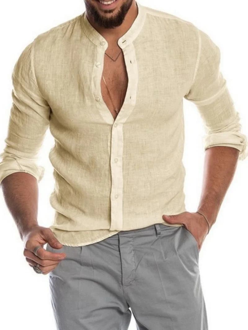 Chemise en lin à manches longues pour homme avec col mandarin et fermeture boutonnée pour un style d