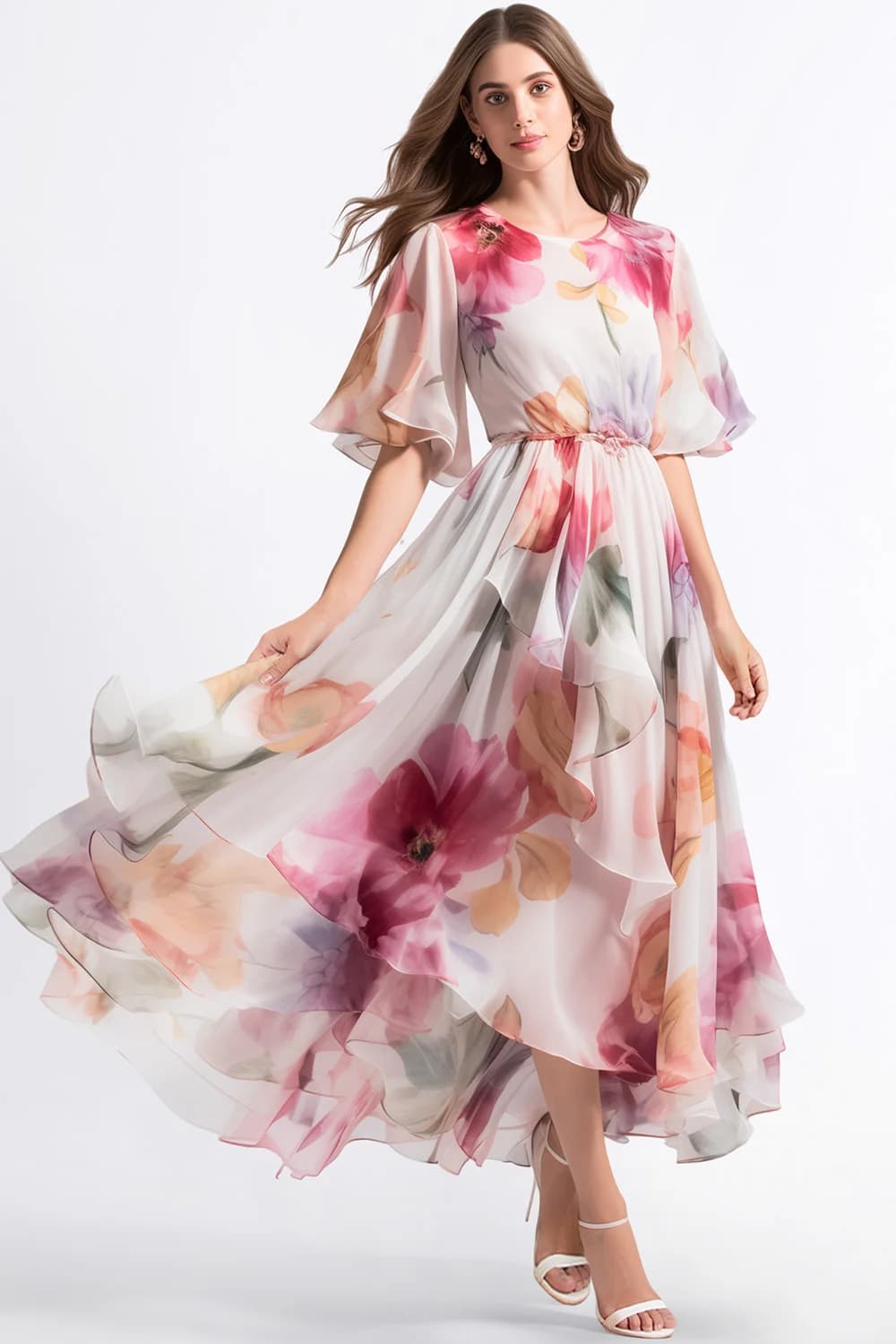 Robe longue en mousseline de soie rose pour femmes, vêtements à la mode pour tous les jours, imprimé
