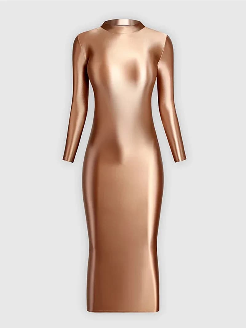 Combinaison Sexy en soie élastique pour femmes, fesses brillantes, robe lisse, col haut, manches lon