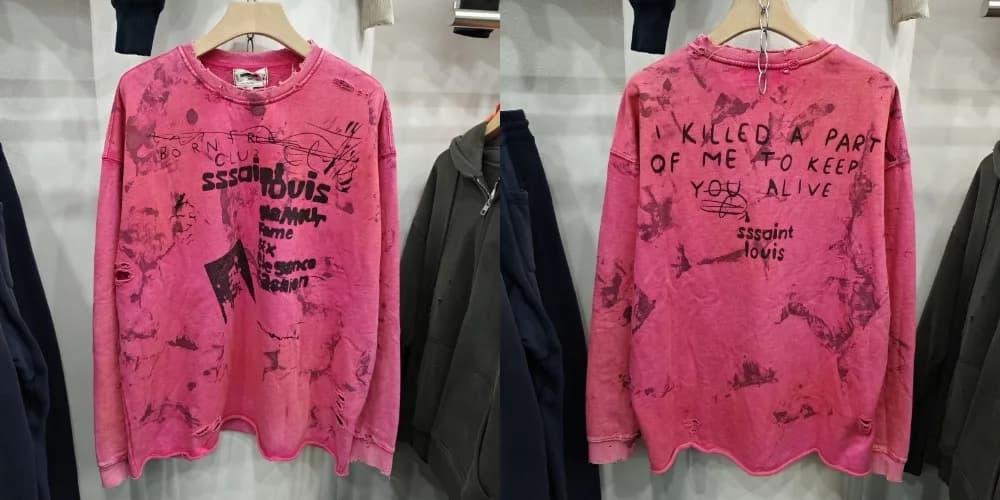 Sweat-shirt col rond rose vintage premium avec slogan Saint devant et derrière, style streetwear déc