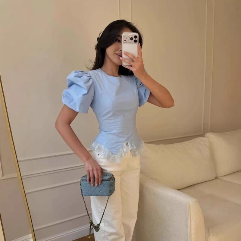 T-shirt Femme à Manches Bouffantes et Dentelle Patchwork, Blouse Décontractée d'Été à Manches Courte