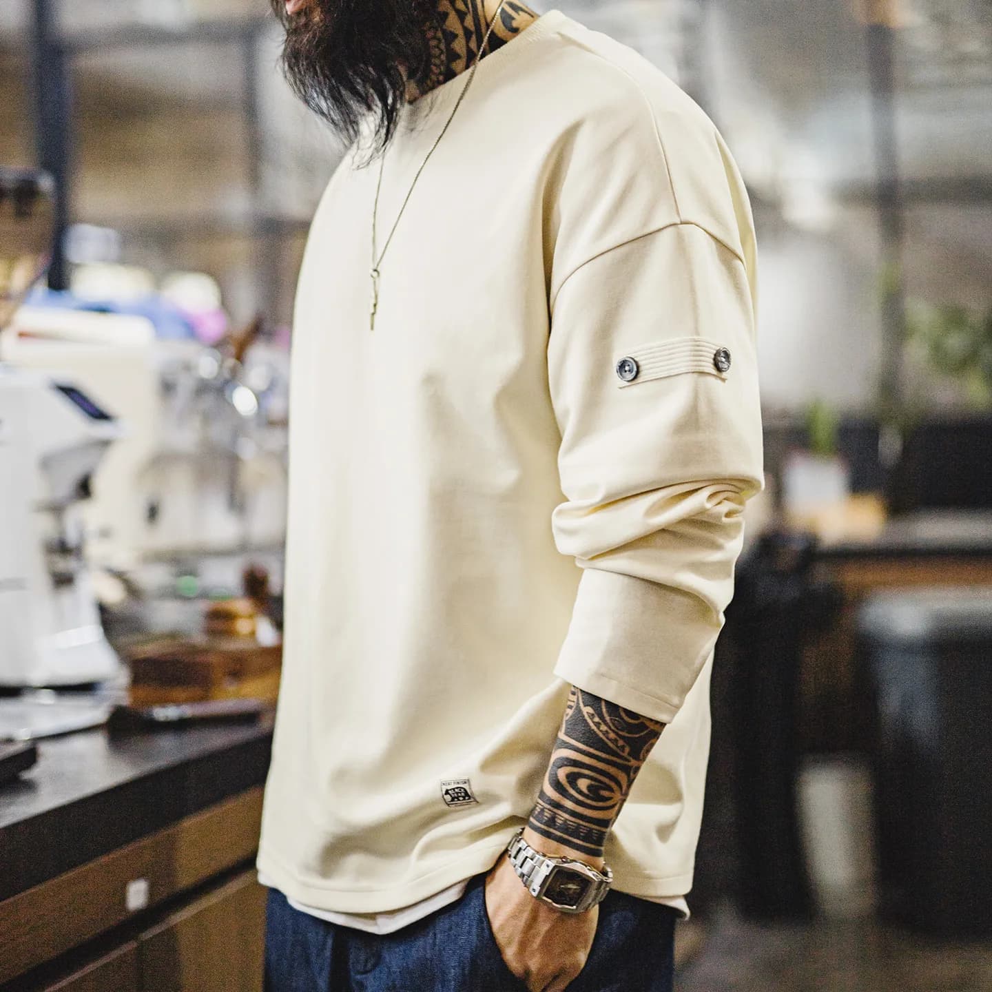Maden T-shirt vintage à col en V pour homme, manches longues, couleur unie, pull basique décontracté