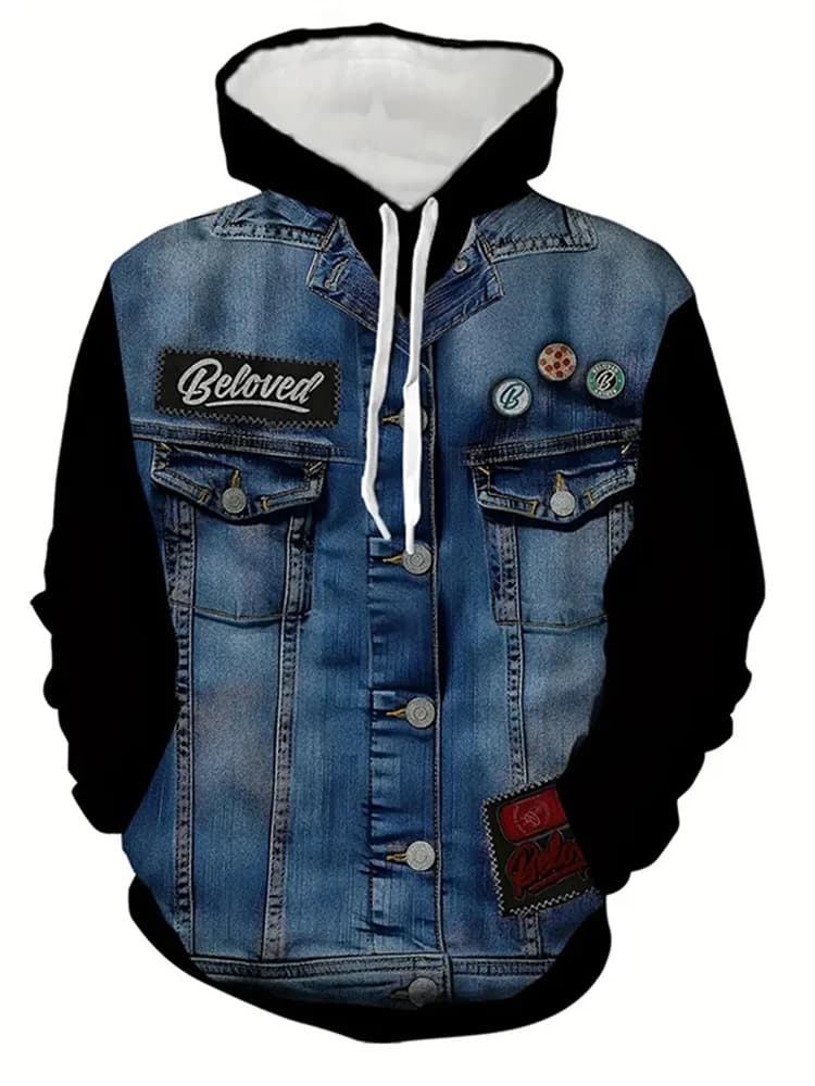 Nouveau sweat à capuche 3D tendance pour adulte avec un roman motif de veste en jean et poche kangou