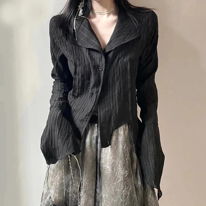 Chemises gothiques noires pour femmes, coréen, académique foncé, conçu, hauts irréguliers, mode prin