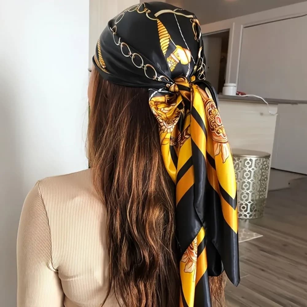 Foulard élégant en soie imprimé grande taille, bandana en satin 90x90cm, hijab carré polyvalent, acc