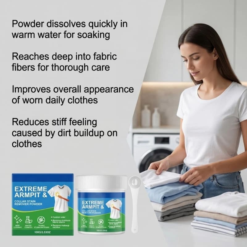 Poudre détachante puissante pour col sous les bras, pour vêtements, élimine efficacement les taches 