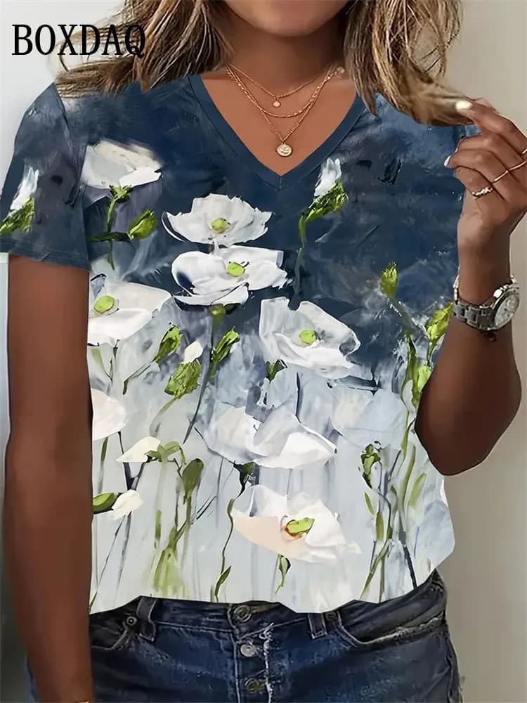 8XL grande taille T-Shirt femmes été Vintage fleurs impression 3D chemises quotidien décontracté col