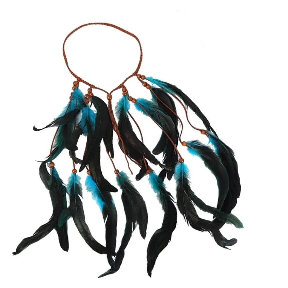 Serre-tête Bohème Chic Ethnique Indien Fait Main avec Plumes, Pompons et Perles en Bois – Accessoire