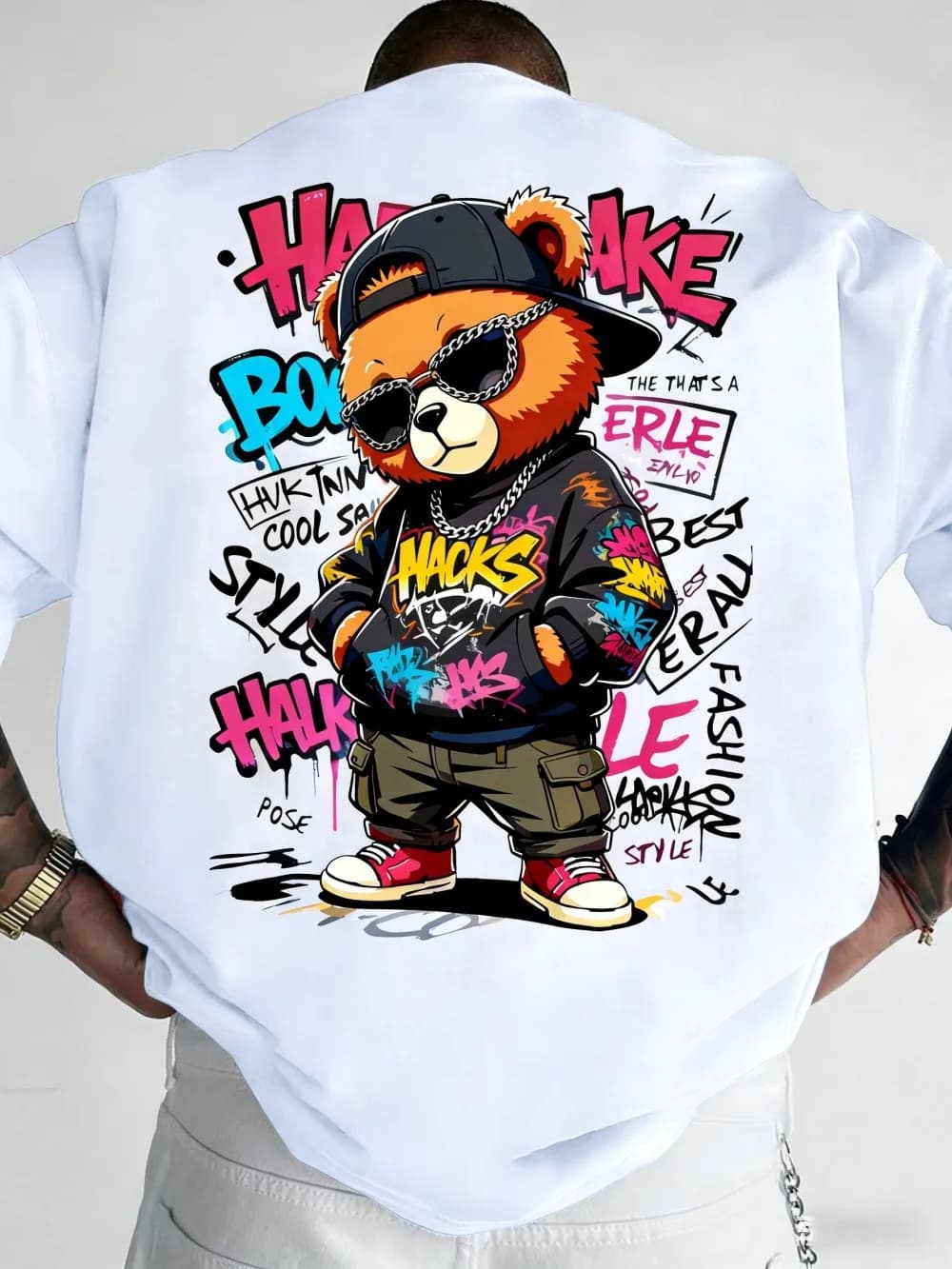 T-shirt à col rond pour hommes européens et américains, imprimé graffiti ours en peluche, confortabl