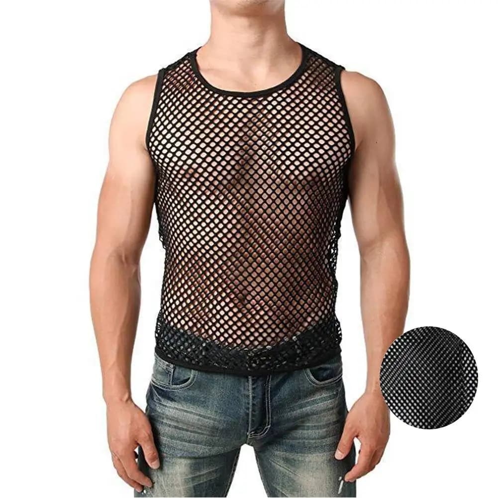 Débardeur Sexy en maille transparente pour hommes, maillot de corps en résille, chemises sans manche