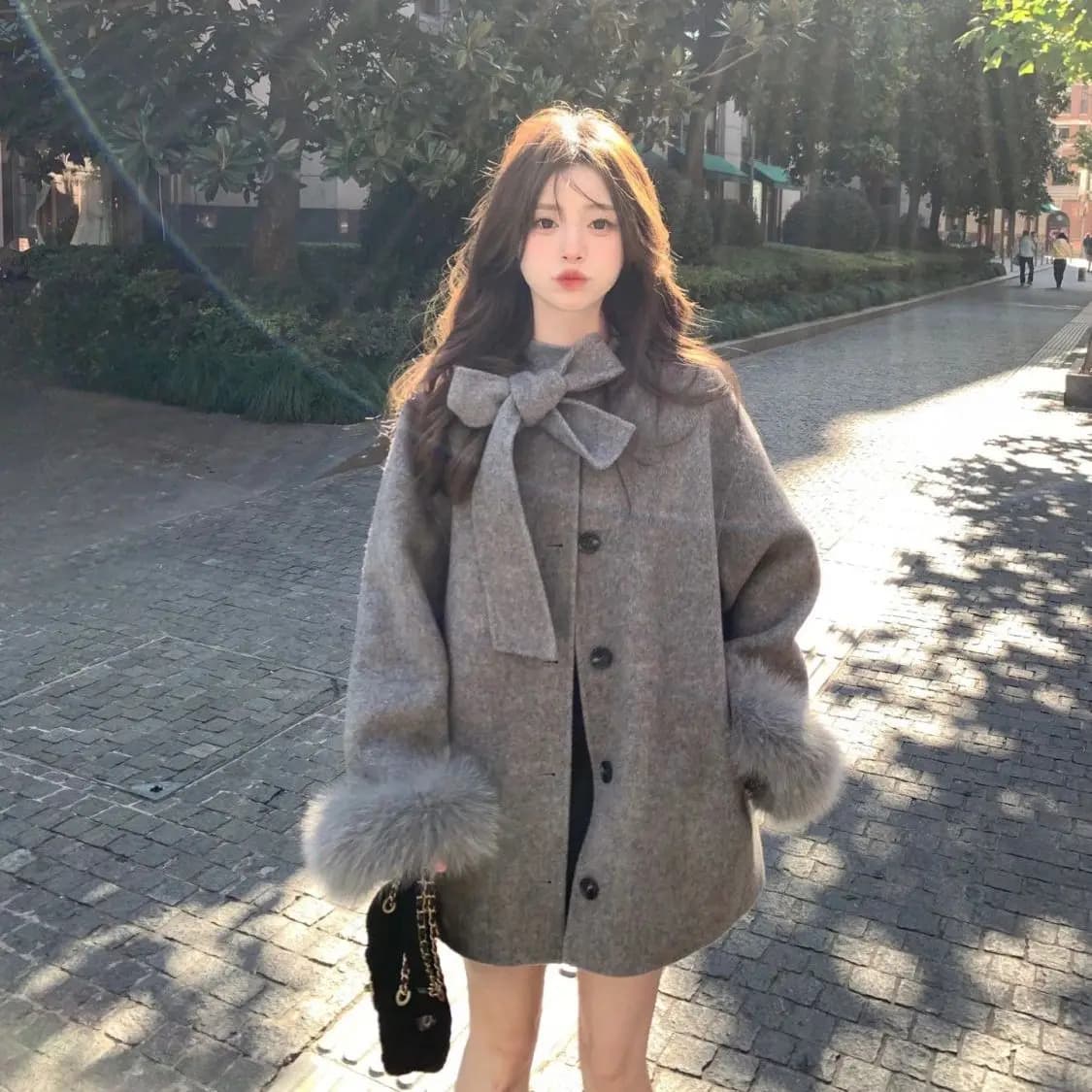 Manteau en laine gris avec nœud rétro français pour femme, veste mi-longue, vêtements d'automne et d