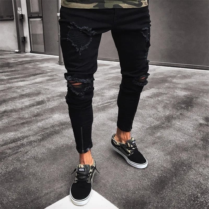 Kakan-nouvelles jeans déchirés noirs pour hommes, pantalons à petites jambes à fermeture éclair élas