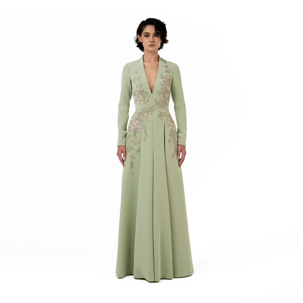 Robe de soirée vert sauge personnalisée, col en V profond, manches longues, pour femme, 2026, plissé