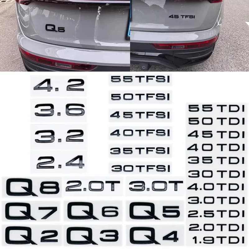 Autocollant de logo de coffre de voiture 3D pour Audi Q2 Q3 Q4 Q5 Q6 Q7 Q8 Modèles 1.9 2.0 2.5 3.0 4