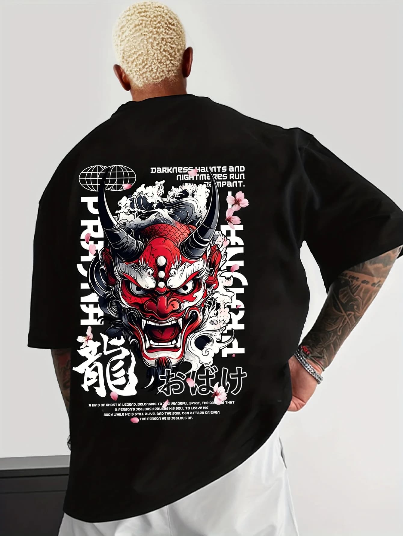 T-shirt rouge avec impression de Hannya Oni Dragon Sakura Kanji au dos, style japonais gothique somb