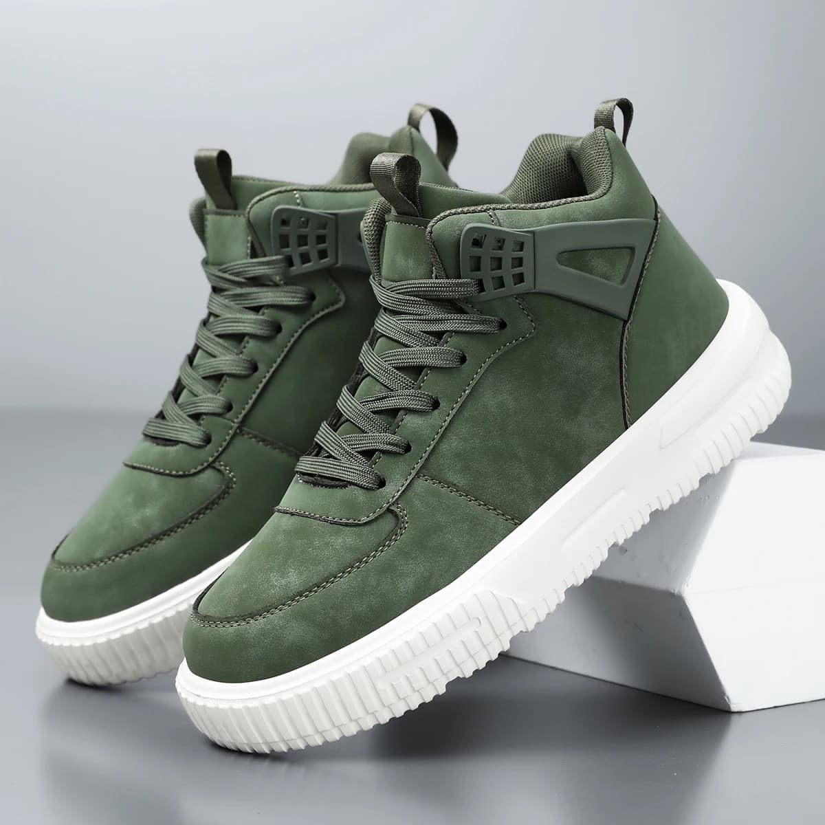 Baskets montantes vertes pour hommes, décontractées, en cuir, style skate, à lacets, plateforme, str