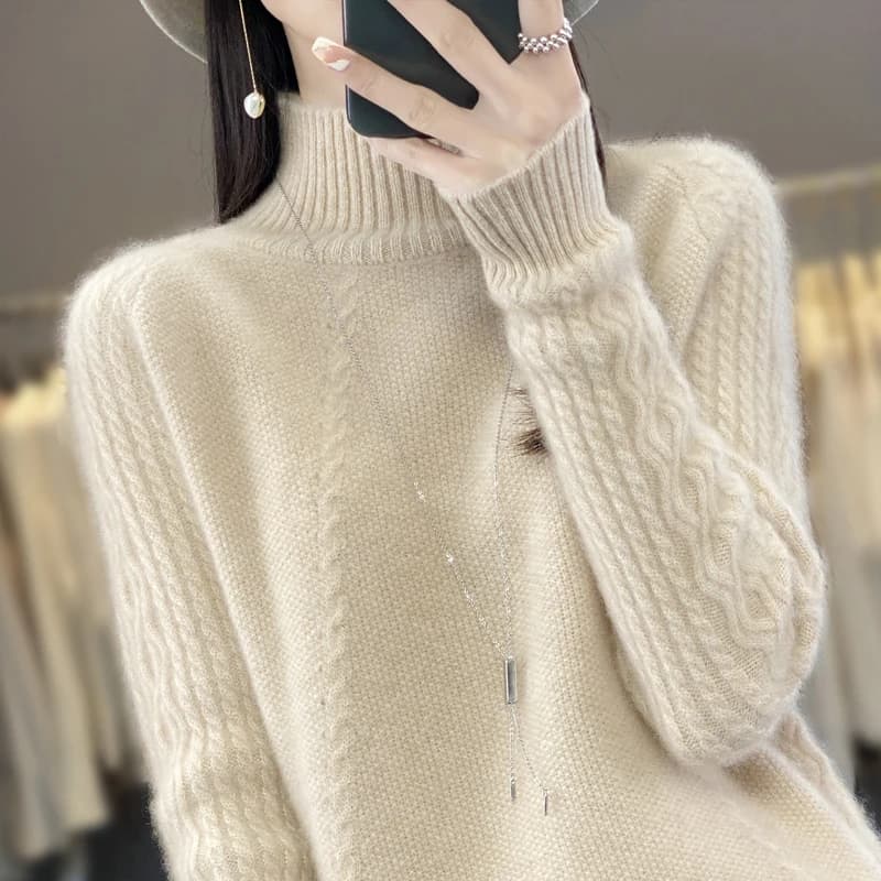 Pull à col roulé en laine mérinos pour femme, pull en tricot monochrome, nouveau, automne, hiver, 10