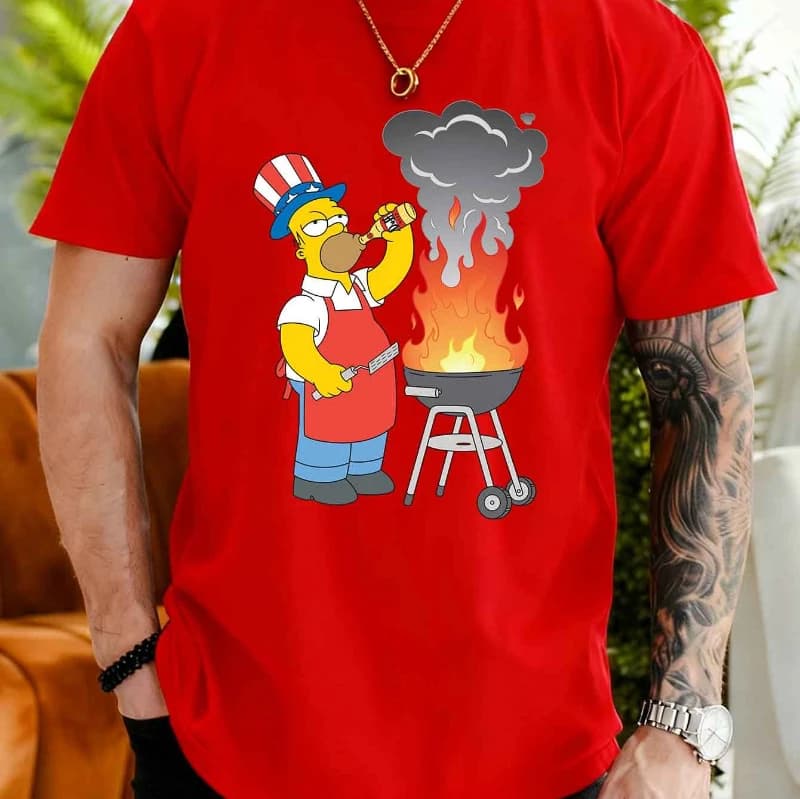 T-shirt décontracté à manches courtes pour homme, été 2026. Motif imprimé de barbecue de la famille