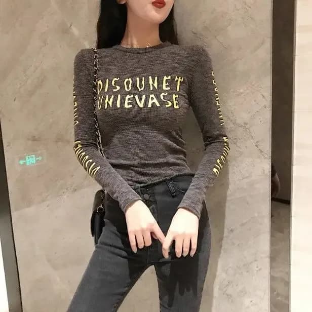 T-shirt Slim à Manches sulfpour Femme, Impression de Lettres, Gris, Vintage des Années 90, Mode Japo