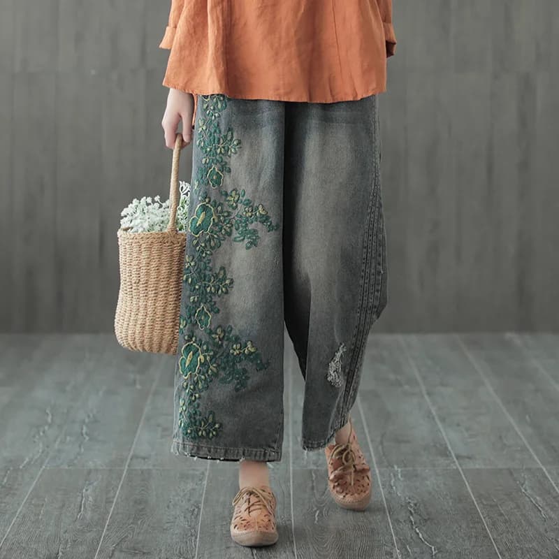 Jean Vintage en Denim avec Broderie Florale pour Femme, Pantalon Droit de Bonne Qualité, Style Japon
