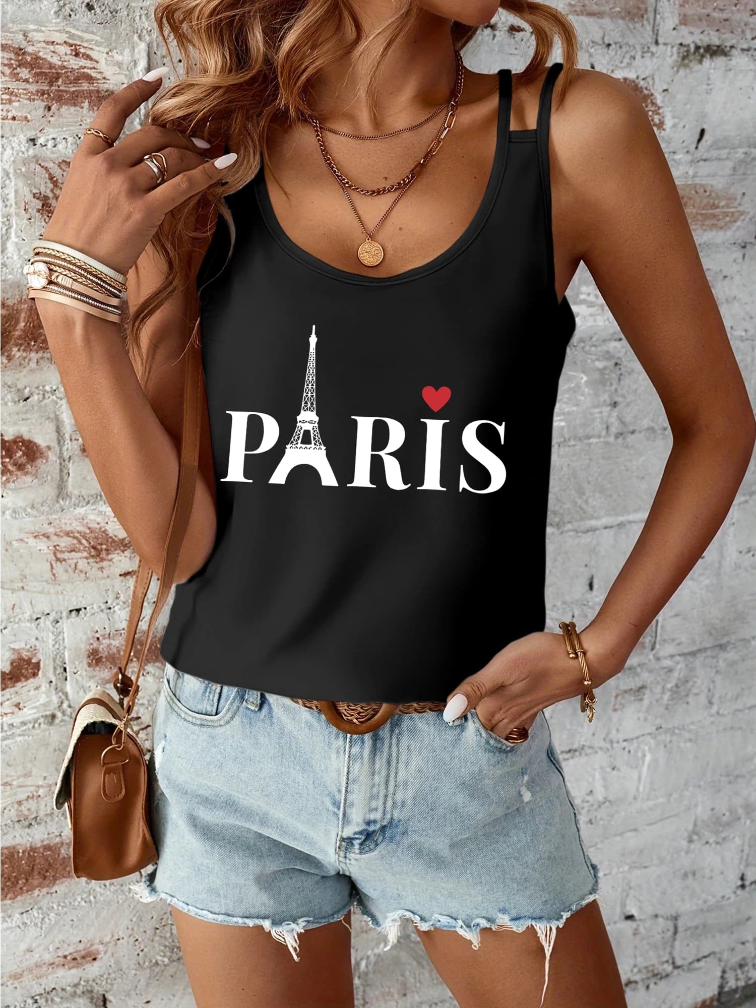 Paris Eiffel Tower Red Heart Double Straps Cami Top, gilet d'été sans manches à imprimé minimaliste