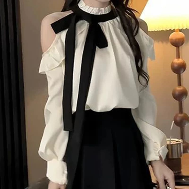 Chemise française à manches longues et épaules dénudées, avec col suspendu, design à la mode pour fe
