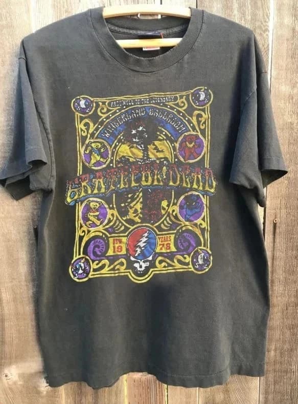 Vtg Grateful Dead Winterland Ballroom Tour Chemise en coton anthracite T-shirts pour hommes T-shirt