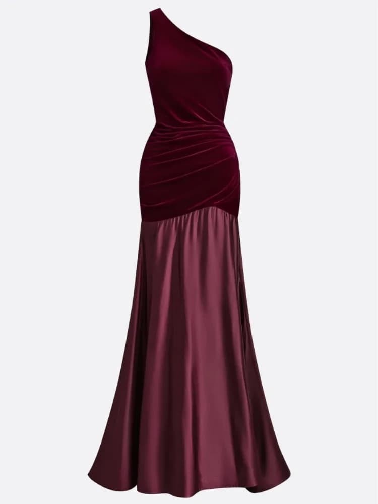 Robe de soirée bordeaux pour femme 2026, vêtement féminin, robe longue sirène asymétrique en velours
