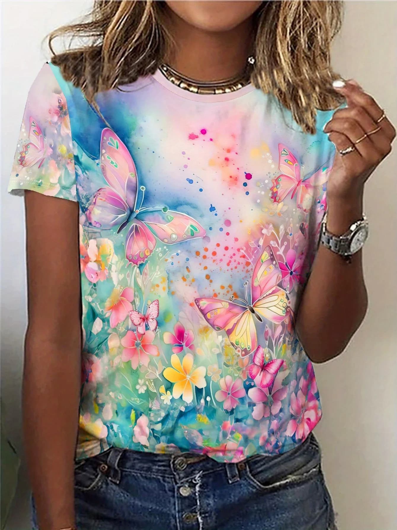 T-shirt pour femme - Motif papillon rose et aquarelle florale, design de jardin rêveur et doux pour 