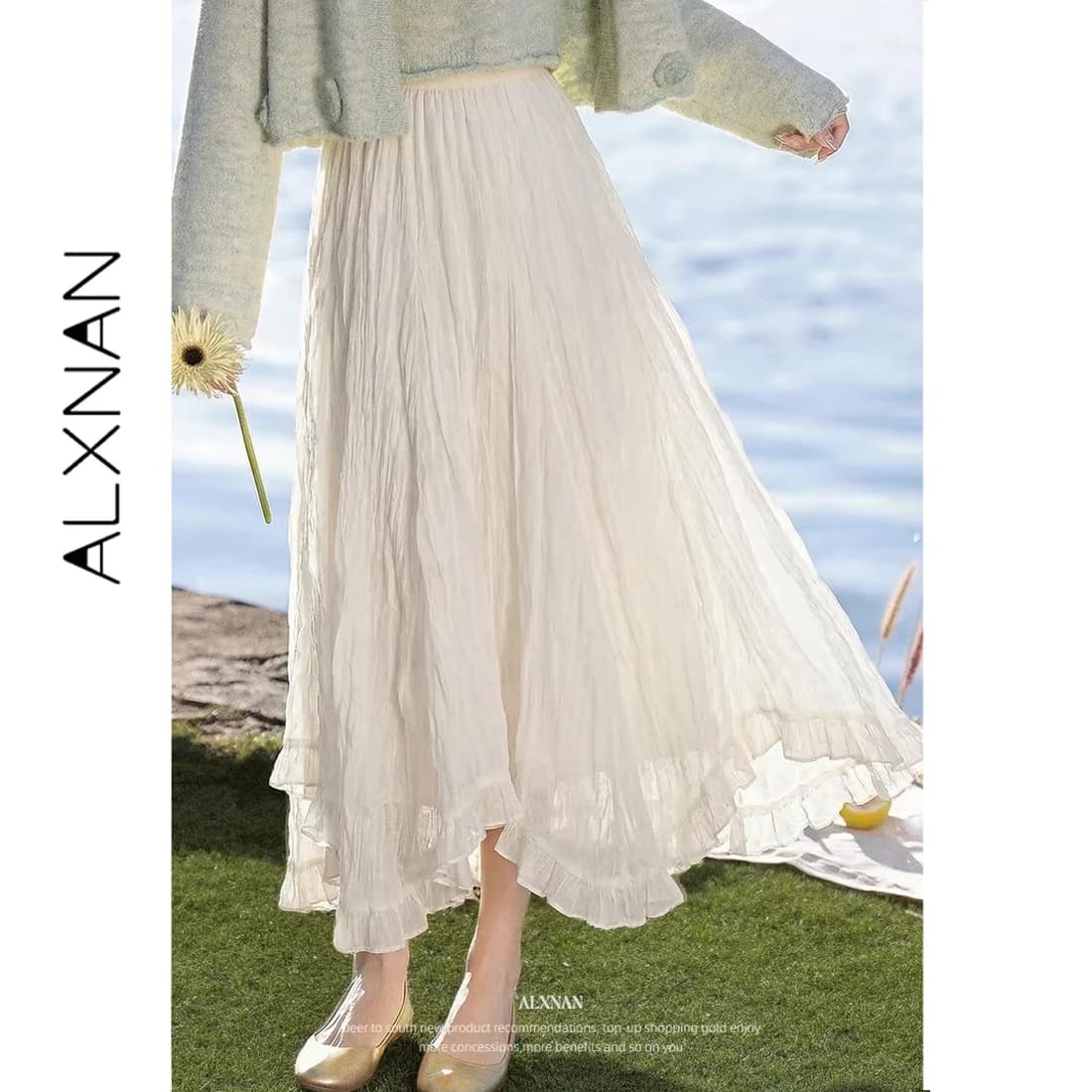 Jupe plissée longue trapèze asymétrique ALXNAN pour femme, collection Printemps 2026, couleur abrico