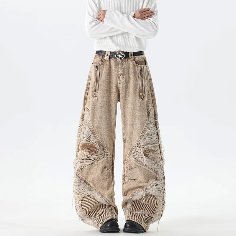 IEFB Streetwear – Jean cargo déchiré et patchwork pour homme, coupe ample, jambe large, délavé marro