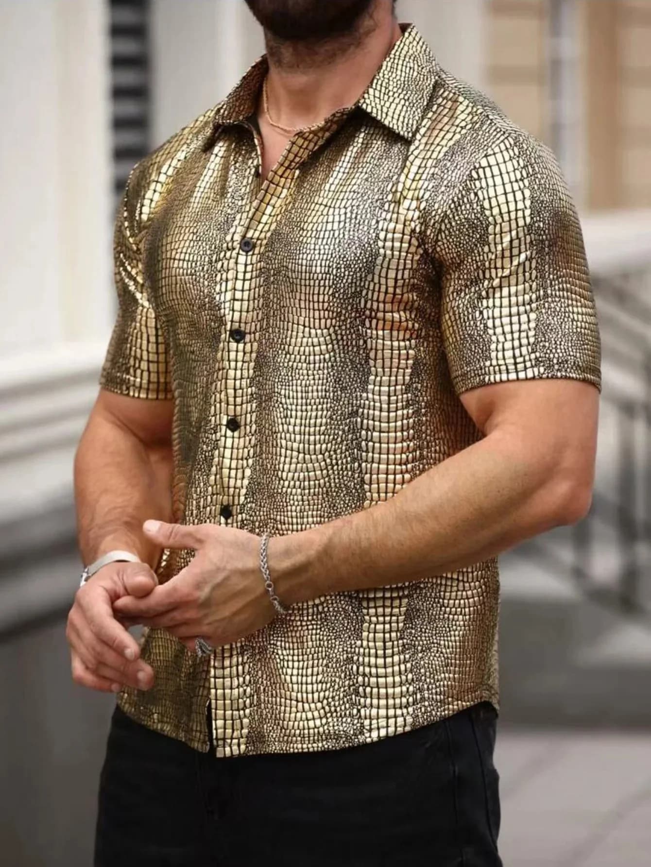 Chemise décontractée à manches courtes pour hommes, Vintage, Simulation de peau de Crocodile, col à 