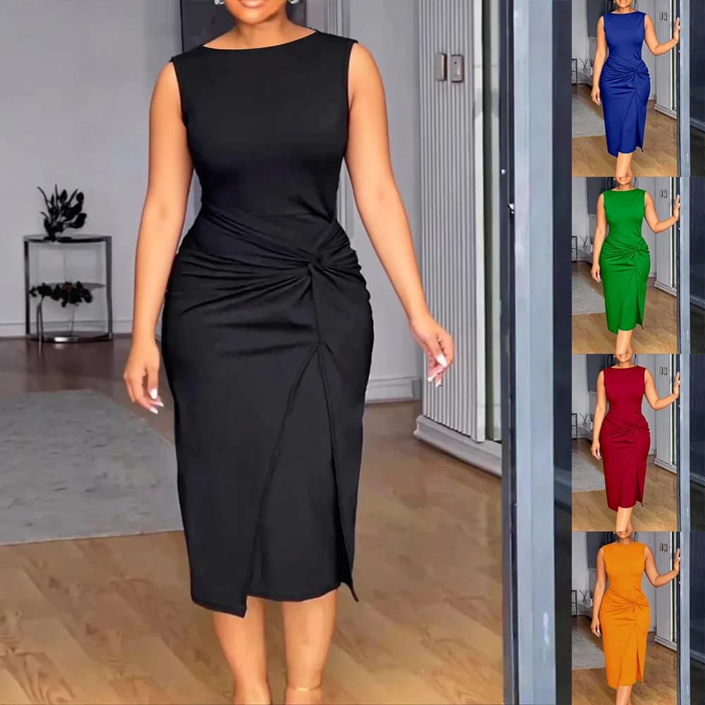 Robe de ville élégante grande taille, sans manches, coupe ajustée, plissée, pour femme, couleur unie
