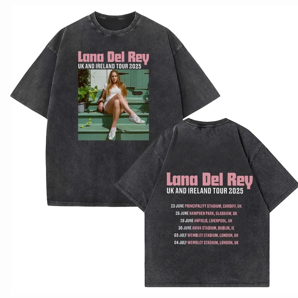 Lana Del Rey Uk et Irlande Stadium Tour 2025 T-shirt délavé Vintage col rond manches courtes coton T