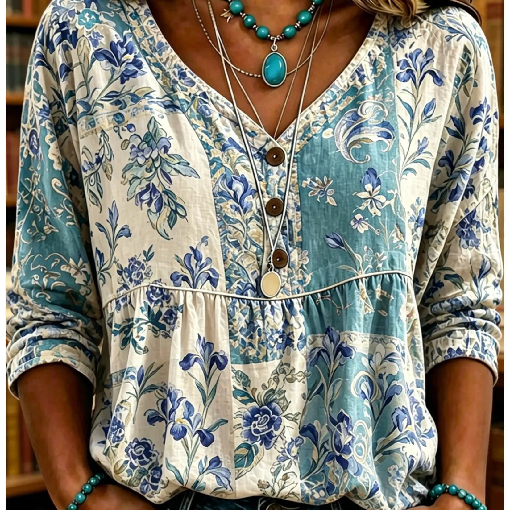 Chemise patchwork florale Iris pour femme, col en V, blocs de couleur, fermeture en bois, manches 3/