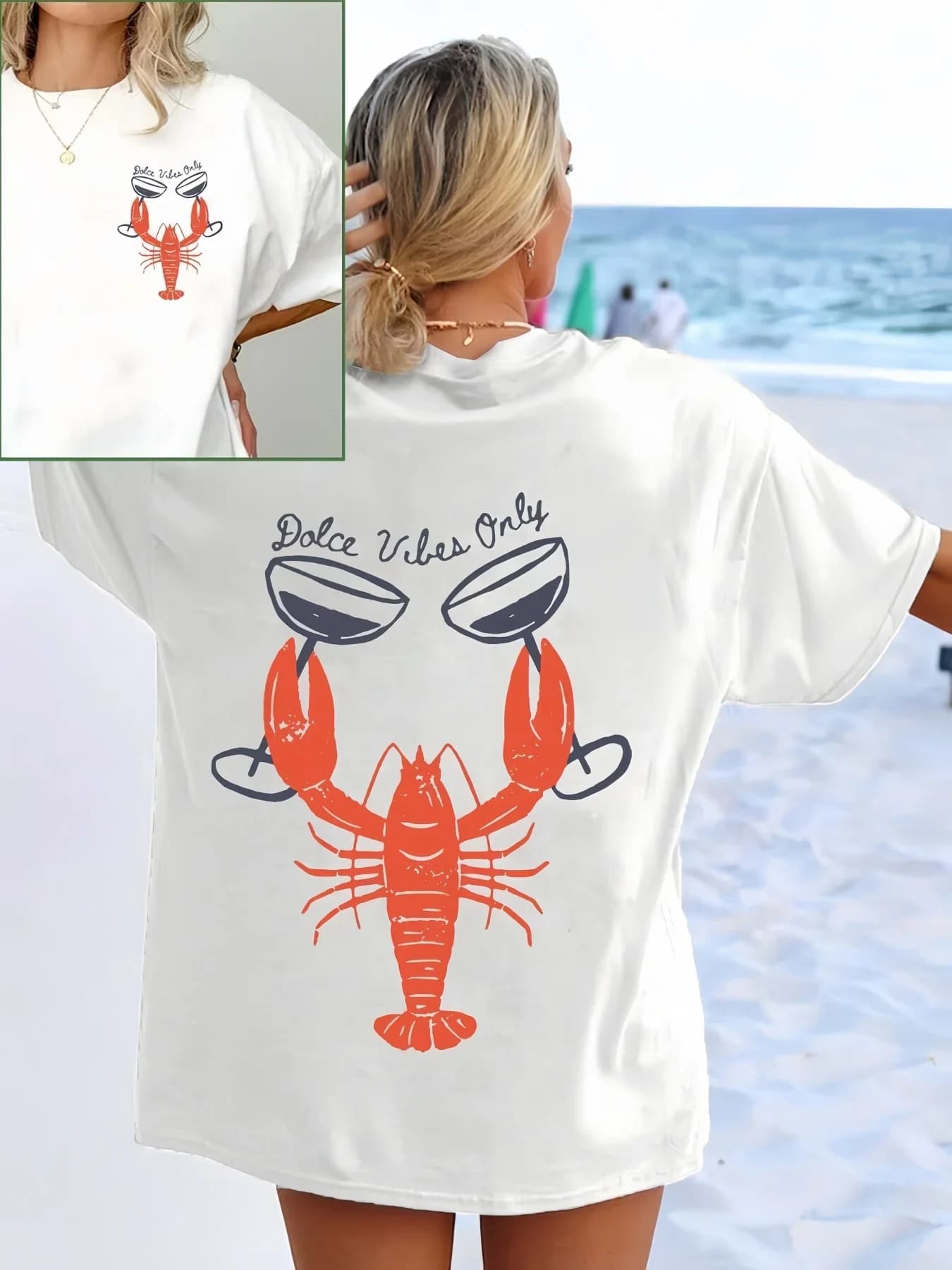 T-shirt à manches courtes imprimé homard et verres à vin, style décontracté et polyvalent, adapté à