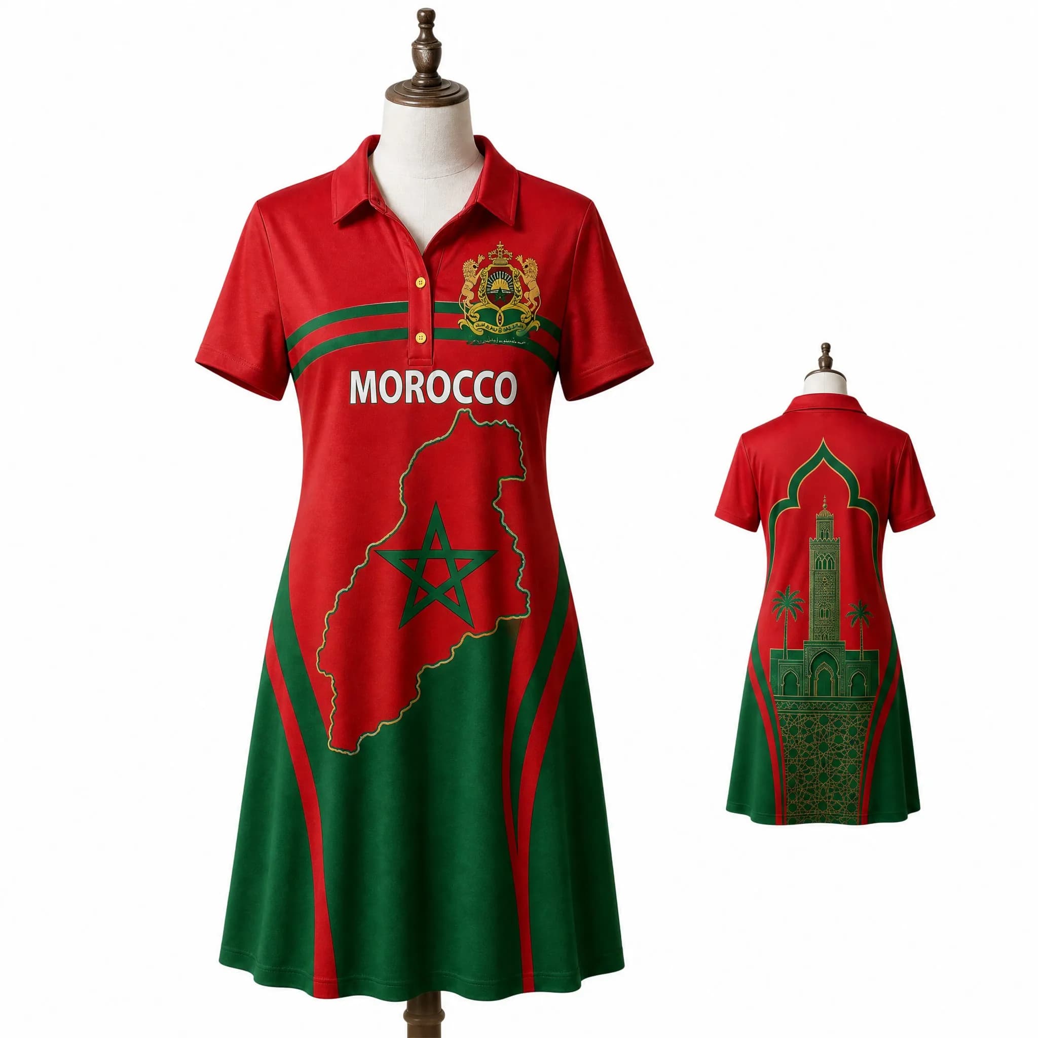 Robe Polo Femme Marocaine Rouge Vert Imprimé Carte Étoiles Manches Courtes Décontractée Coupe Évasée