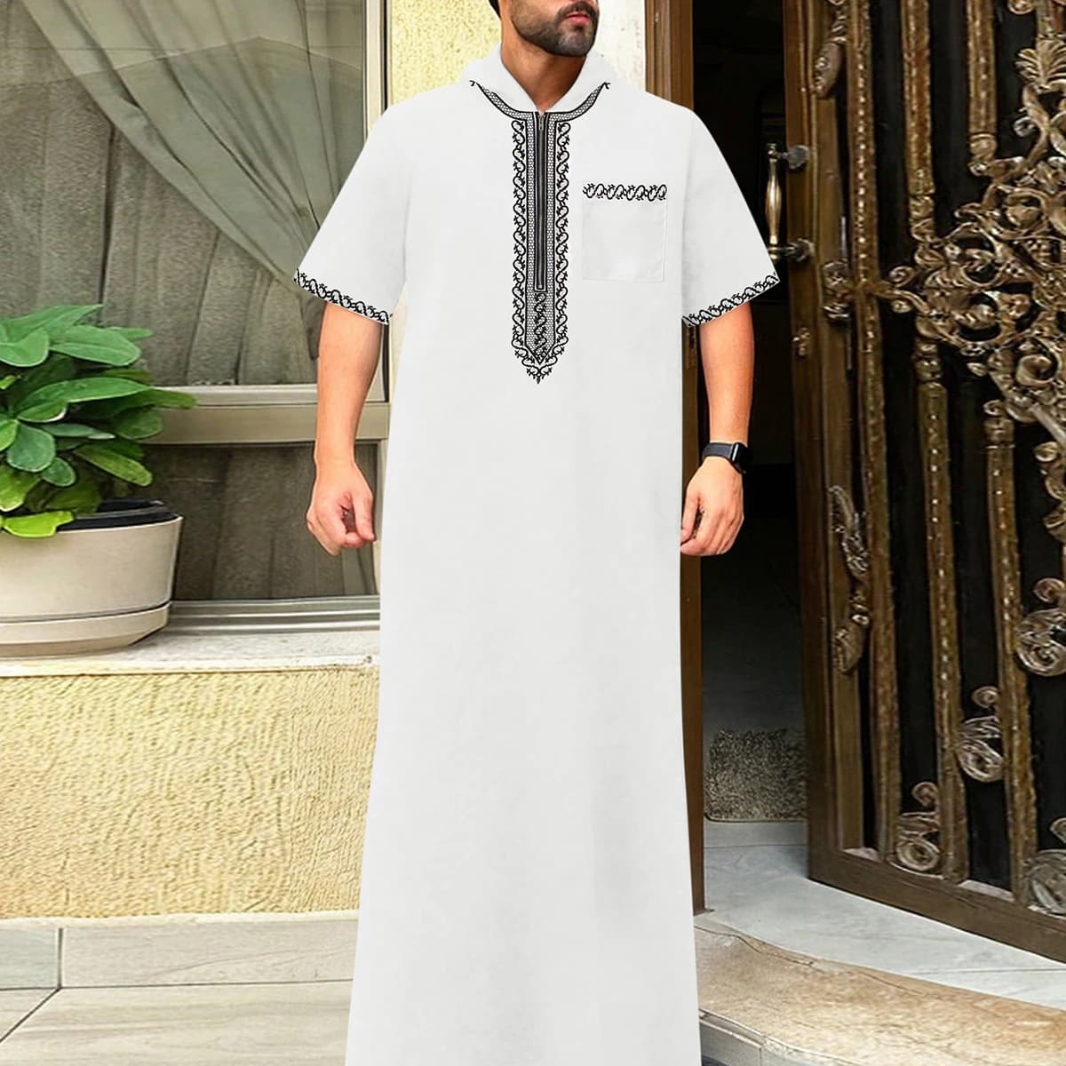 Thobe de poche musulmane à manches courtes, à capuche et brodée, style arabe décontracté, vêtements 