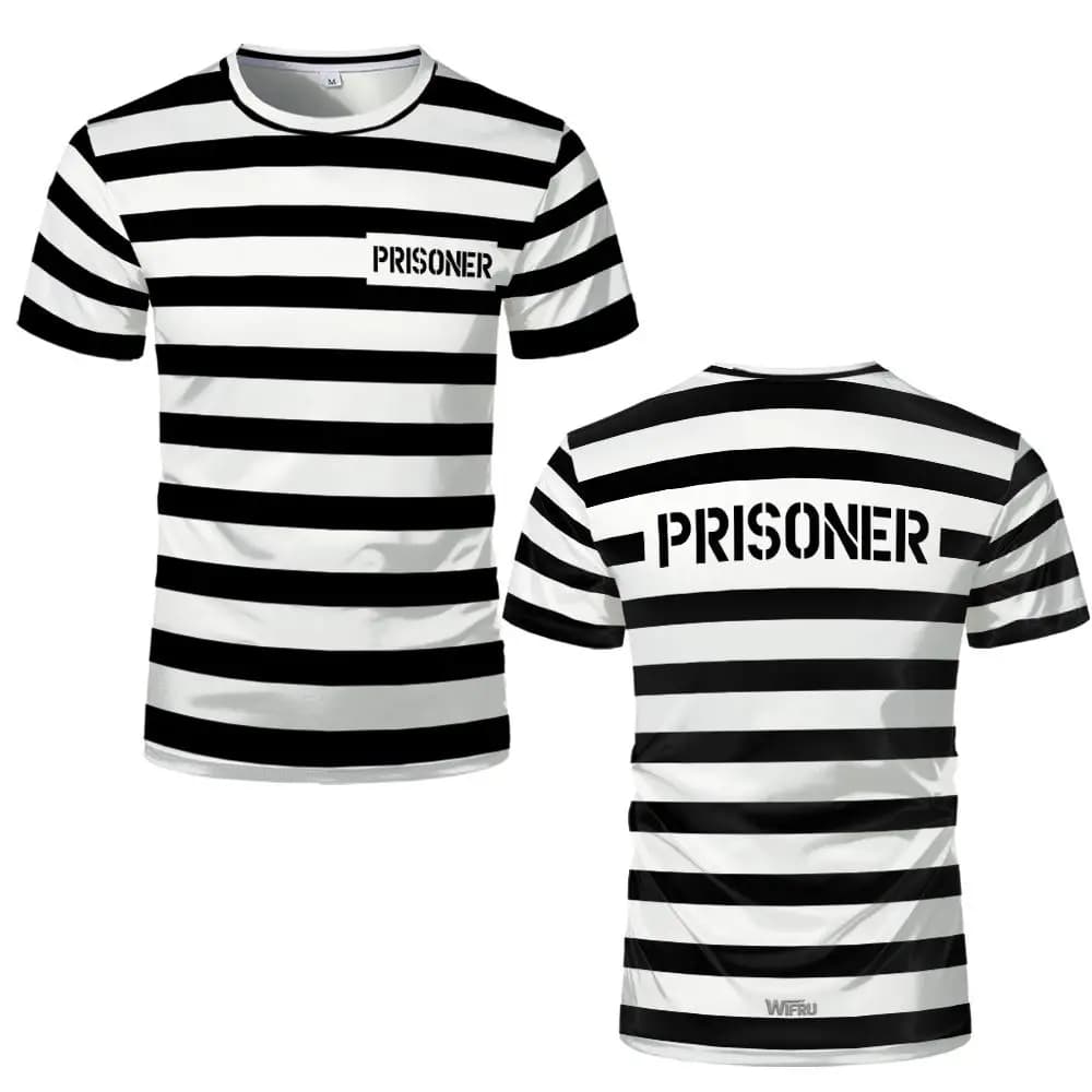 Abstract Prison uniforme style rayé imprimé T-shirt drôle jeu de rôle à manches courtes haut unisex 