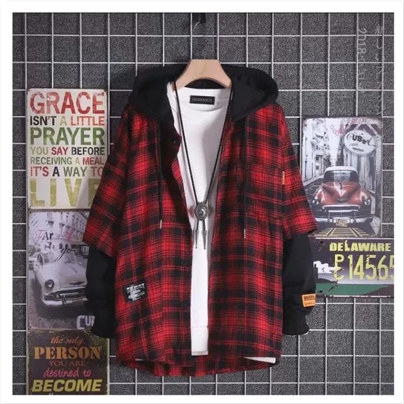 Chemise à capuche à carreaux à manches longues pour hommes, mode printemps-automne, vêtements d'exté