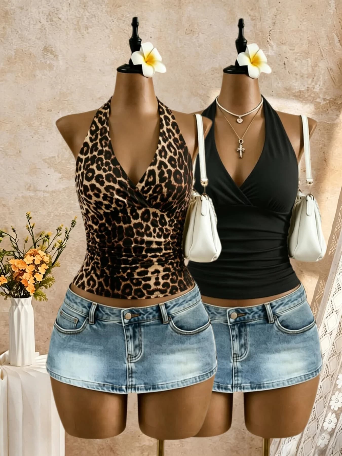 Lot de 2 Camisoles Courtes Multicolores pour Femme, Col Halter, Décolleté en V Profond, Froncées sur