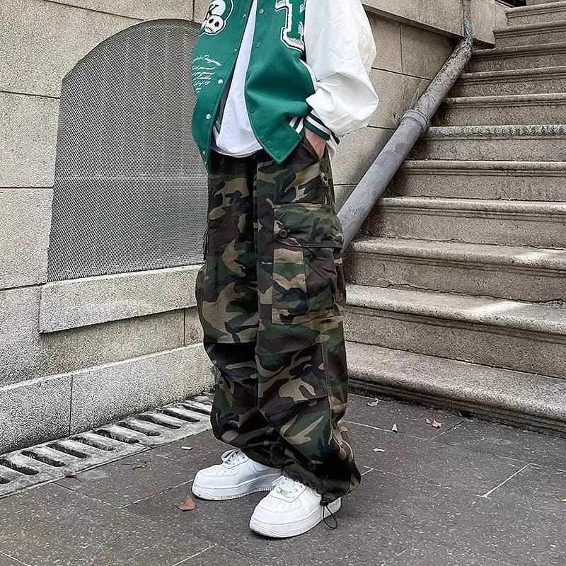 Pantalon Cargo camouflage militaire pour hommes, Streetwear Hip Hop, Baggy, taille haute, jambe droi