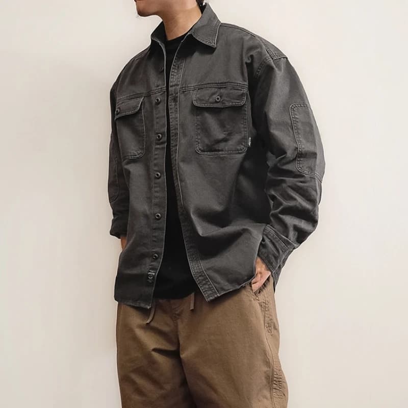  Chemise de travail japonaise Vintage délavée pour hommes, sergé de coton épais, manches longues, s